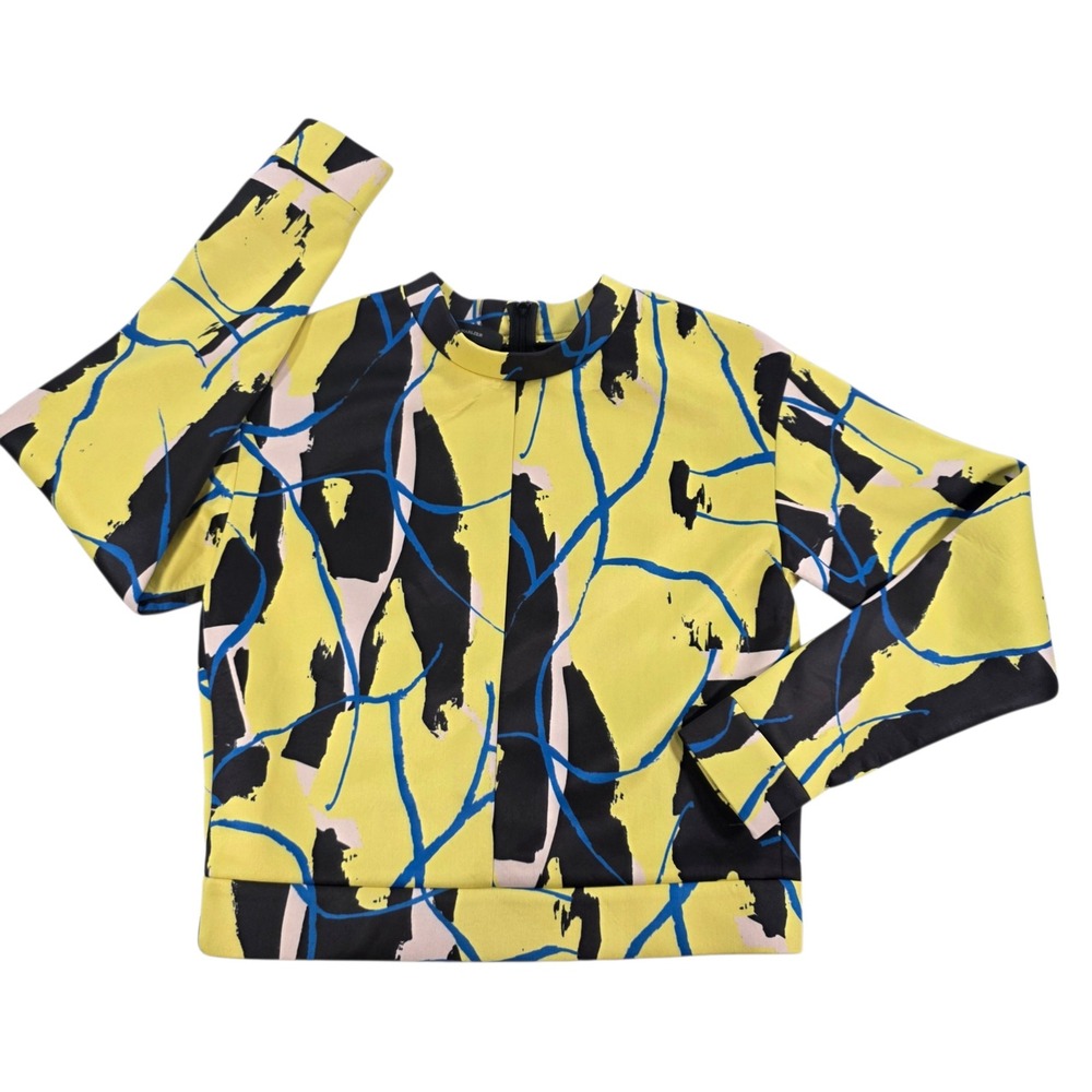 Cedric Charlier Abstract Graphic Mock Neck Top Yellow Blue 4 Womens Luxury